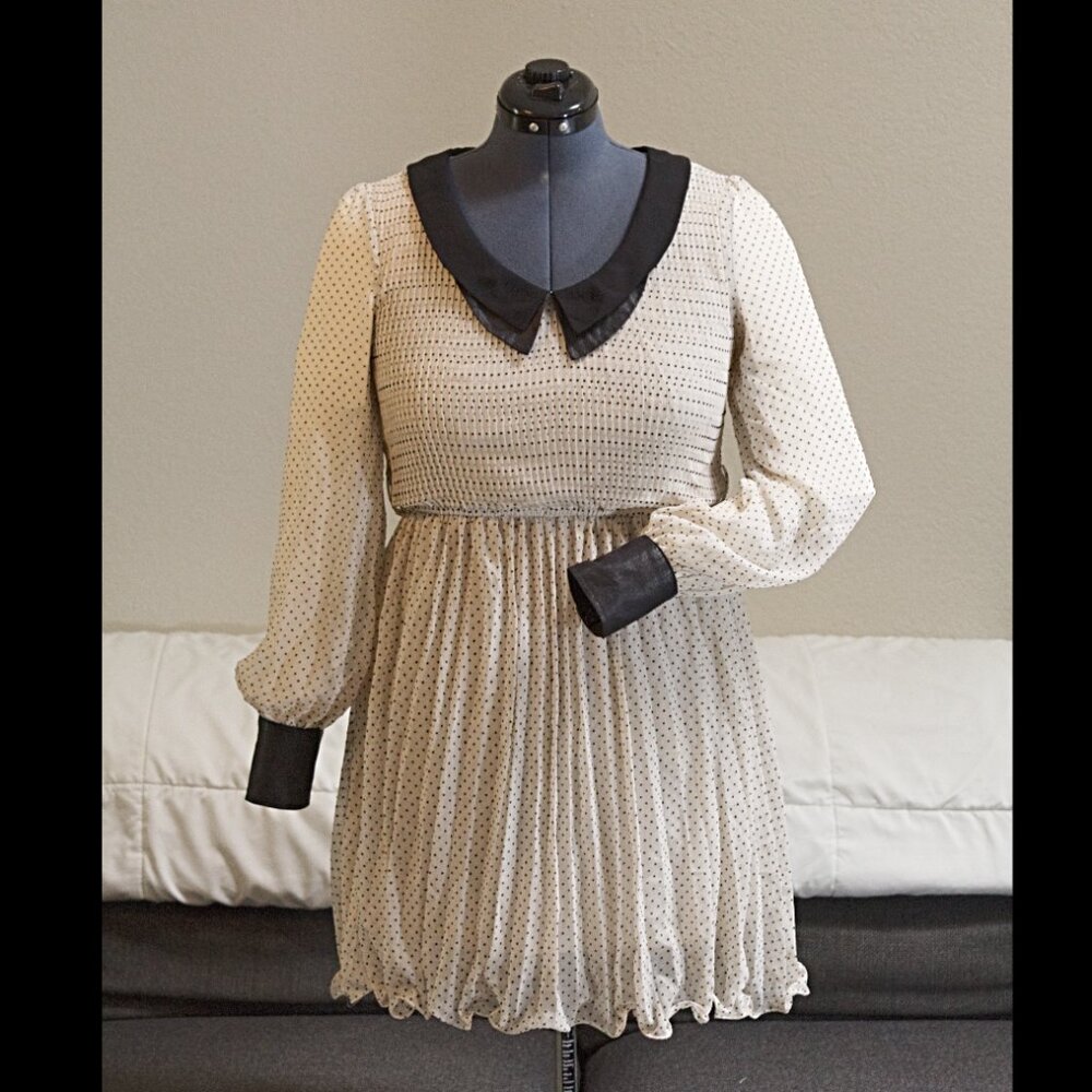 Pleated Long-Sleeve Black and White/Cream Polka Dot Fit and Flare Dress Medium - Picture 2 of 15
